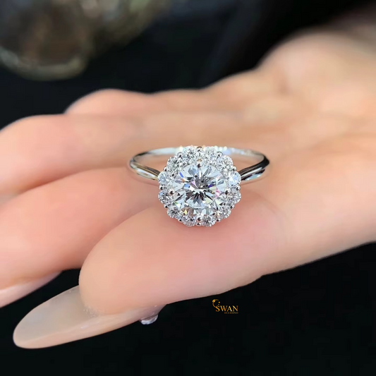 Round Cut Diamond Halo Engagement Ring in Solid White Gold with Pavé Band Sparkling Solitaire Bridal Jewelry Anniversary Gift for Her swandiamond