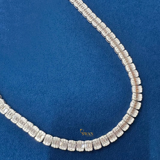 Emerald Cut Baguette Diamond Tennis Necklace in White Gold with Halo Setting Luxury Statement Jewelry for Men and Women swandiamond