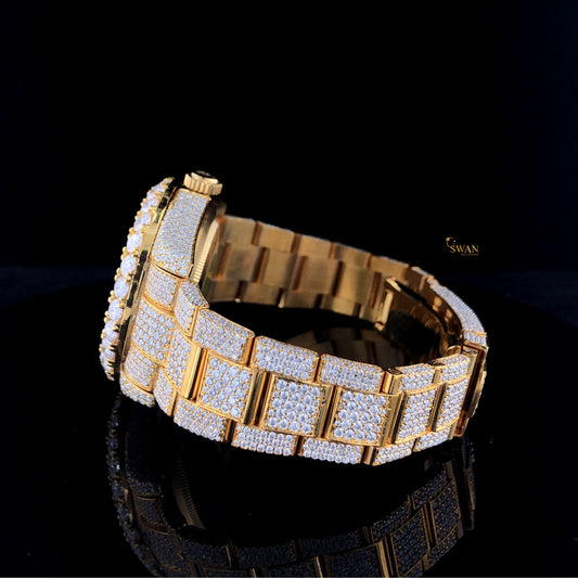 Custom Rolex Sky Dweller Diamond Watch Fully Iced Out Yellow Gold Luxury Mens Timepiece with Round Bezel SwanDiamond