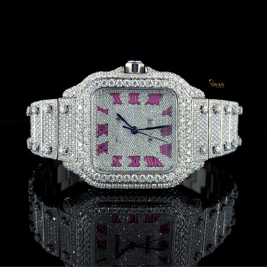 Luxury Cartier Diamond Watch Iced Out Silver Bracelet Pink Roman Numerals Custom Fully Paved Jewelry Timepiece SwanDiamond