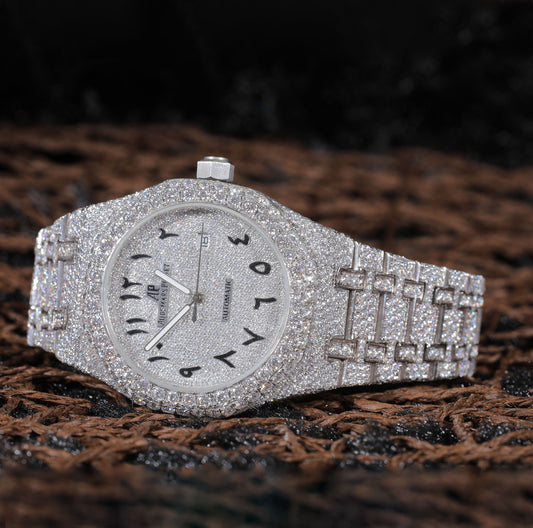 Fully Iced Out Arabic Dial Moissanite Watch in Silver Tone – Luxury Men's Custom TimepieceSwanDiamond