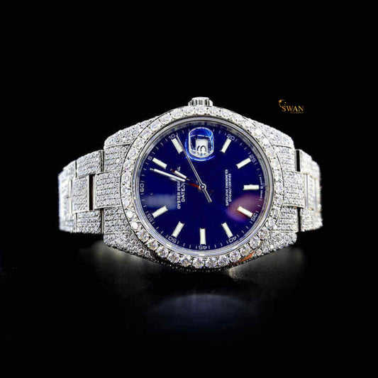 Luxury Diamond Watch Fully Iced Out with Blue Dial Custom Silver Bracelet Sparkling Pave Setting SwanDiamond