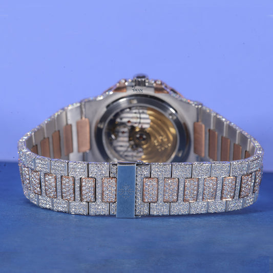 Custom Rose Gold Iced Out Luxury Watch – Fully Hand-Set Diamond Timepiece with Date Display SwanDiamond