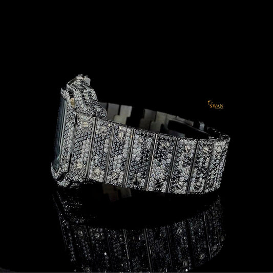 Luxury Cartier Santos Iced Out Watch Fully Covered in Black Diamonds with Roman Dial Custom Designer Jewelry by SwanDiamond