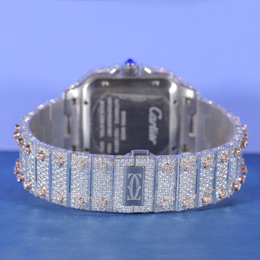 Custom Cartier Style Iced Out Diamond Watch in Rose Gold and Silver – Luxury Statement Timepiece SwanDiamond