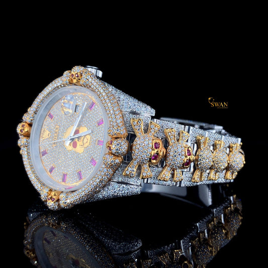 Custom Skull Design Iced Out Diamond Watch with Ruby Eyes and Two Tone Details Fully Paved Luxury Timepiece Unique Statement SwanDiamond