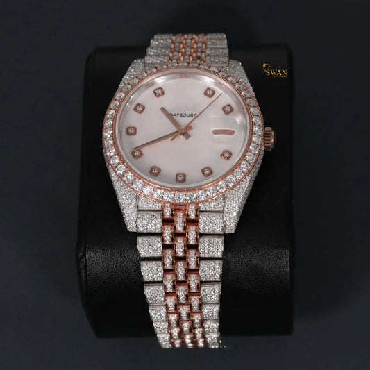 Luxury Two Tone Rose Gold and Silver Diamond Watch with Mother of Pearl Dial Full Iced Out Bracelet and Bezel High End Jewelry swandiamond