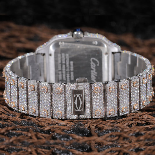 Custom Cartier Santos Arabic Dial Iced-Out Diamond Watch – Luxury Redefined SwanDiamond