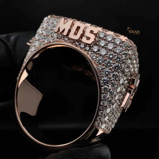 Iced Out JT Initial Hip Hop Ring in Rose Gold with Full Diamond Pave Sparkle Custom Letter Bling Statement Jewelry for Men Rapper Style SwanDiamond