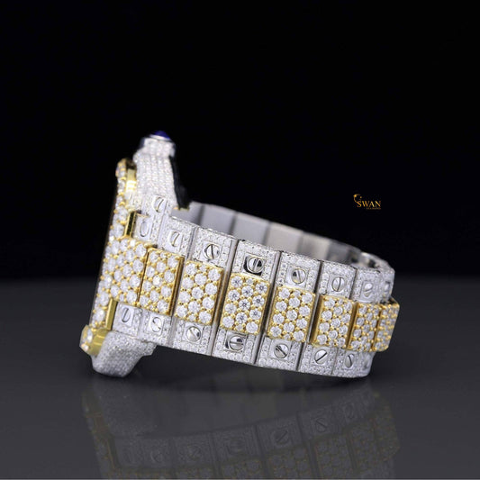 Two Tone Iced Out Diamond Cartier Santos Skeleton Watch Gold and Silver Fully Bust Down Luxury Timepiece for Men SwanDiamond