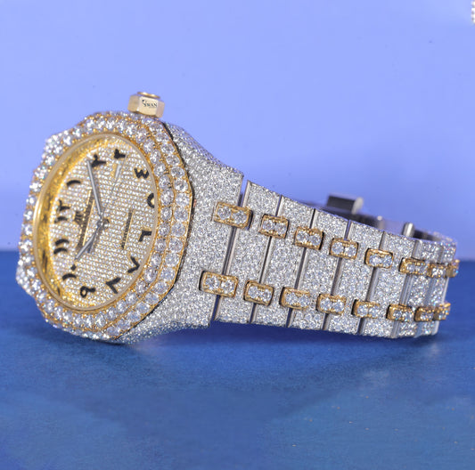Luxury Arabic Dial Iced Out Watch Fully Custom Moissanite Diamond Timepiece for Men Two Tone Gold and Silver Bling Watch SwanDiamond