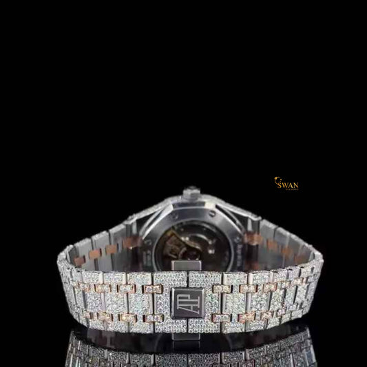 Luxury Two Tone Silver and Rose Gold Iced Out Diamond Watch with Mother of Pearl Dial Full Pave Bracelet Custom Bezel High End swandiamond