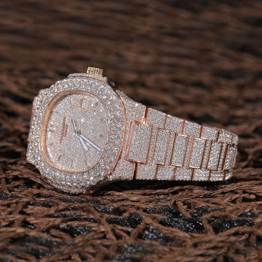 Rose Gold Fully Iced Luxury Watch with Pavé-Set Diamonds SwanDiamond