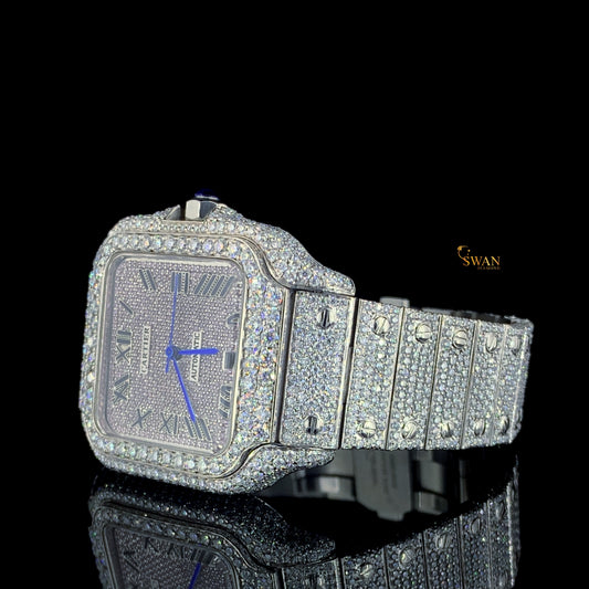 Luxury Iced Out Diamond Watch Silver Square Roman Numeral Dial Automatic Custom Hip Hop Jewelry Full Pave Design Statement swan diamond