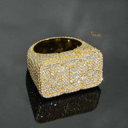 Luxury Iced Out Rectangle Hip Hop Ring in Yellow Gold with Full Diamond Pave Sparkle Bling Statement Jewelry for Men Rapper Style SwanDiamond