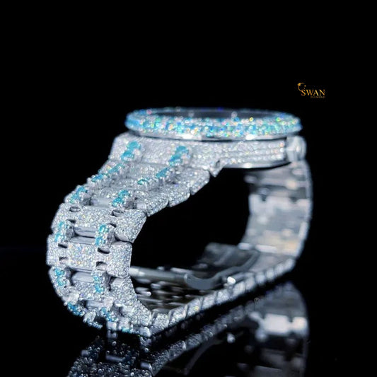 Luxury Iced Out Diamond Watch with Aqua Blue Stones Full Pave Dial and Bracelet Octagon Bezel Premium Timepiece SwanDiamond