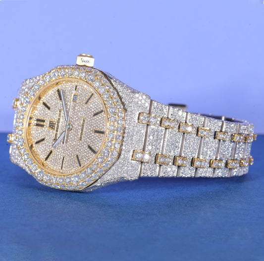 Fully Iced Out Gold Bezel Luxury Watch with Moissanite Diamonds and Silver-Gold Bracelet – Men’s Premium Timepiece SwanDiamond