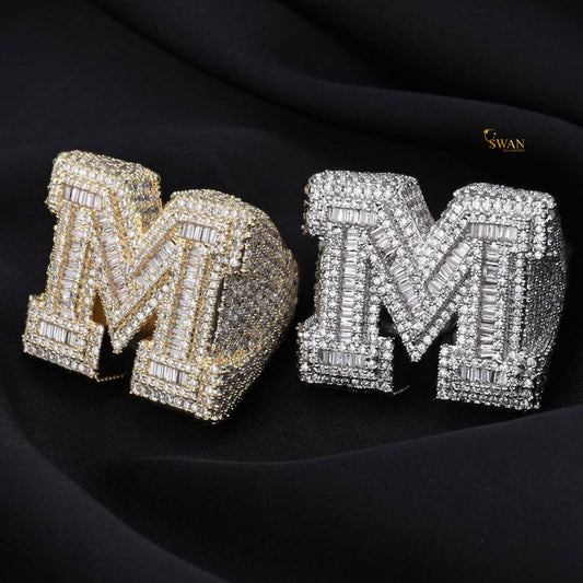 Hip Hop Custom Letter M Iced Out Diamond Ring 5 Carat Baguette and Round Micro Pave Gold and Silver Hip Hop Statement Jewelry for Men SwanDiamond