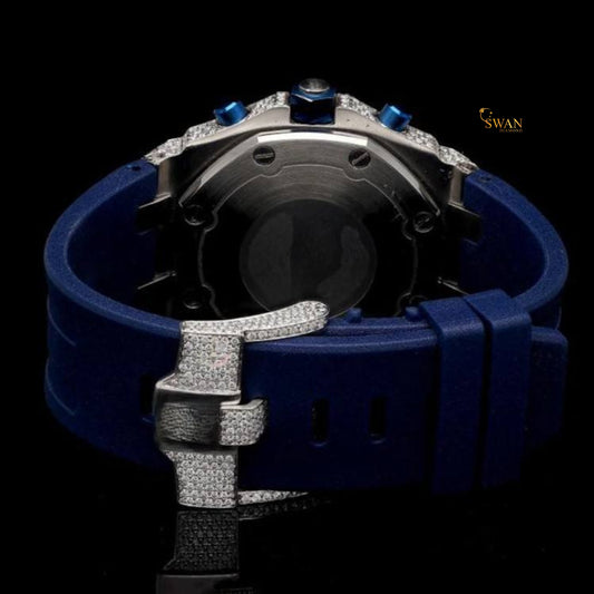 Luxury Iced Out Diamond Chronograph Watch with Blue Rubber Strap Full Pave Dial Large Round Bezel Stones Sporty Bold Style SwanDiamond