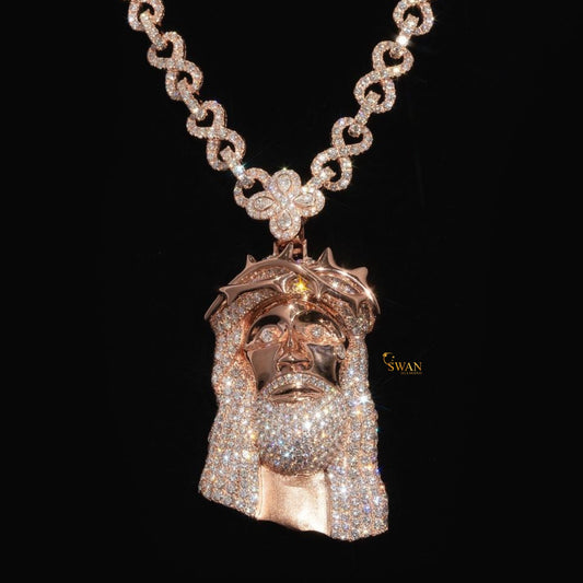 Hip Hop Rose Gold Jesus Face Pendant Iced Out with VVS Moissanite Diamonds Crown of Thorns Luxury Necklace for Men swandiamond