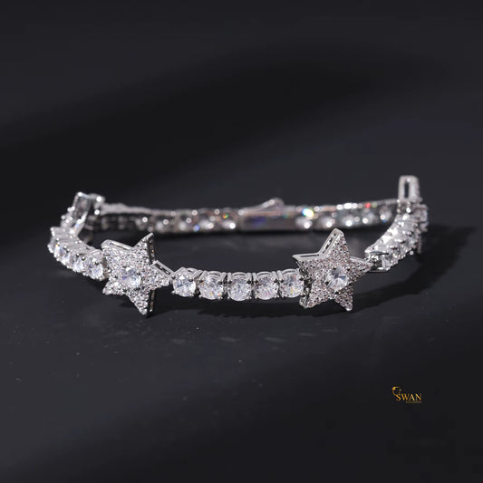 Star Design Diamond Tennis Bracelet in White Gold with Round Cut Stones and Pave Star Accents Elegant Statement Jewelry for Women swandiamond