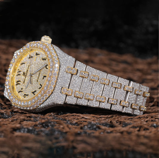 Arabic Dial Iced Out Watch Custom Moissanite Diamond Luxury Timepiece for Men Two Tone Gold and Silver Statement Watch SwanDiamond