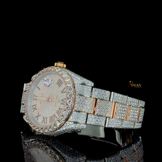 Two Tone Iced Out Diamond Watch Roman Numeral Dial Fully Paved with Rose Gold Accents Luxury Custom Timepiece High End Jewelry SwanDiamond