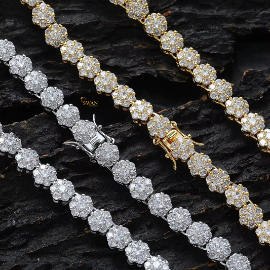 Flower Cluster Diamond Tennis Necklace in White and Yellow Gold Luxury Statement Jewelry for Men and Women swandiamond