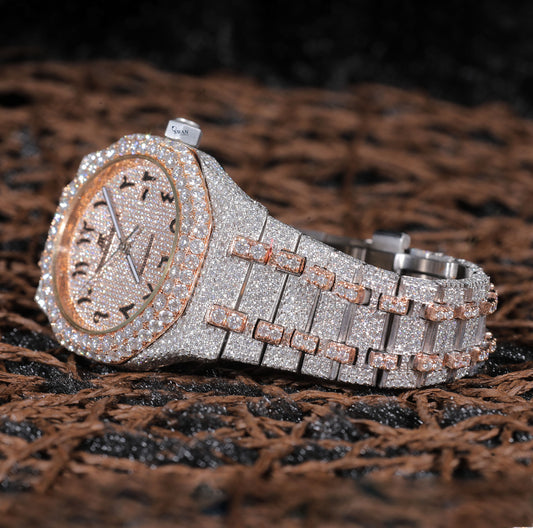 Luxury SwanDiamond Arabic Dial Iced Out Watch with Rose Gold Accents and Full Moissanite Pave Design for Men