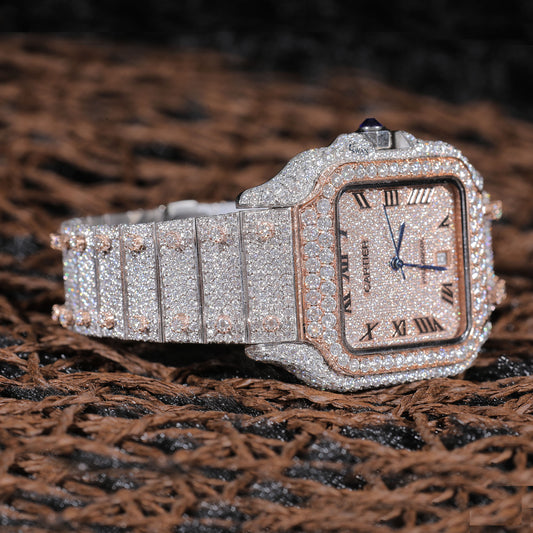 Fully Iced Out Two-Tone Cartier Style Diamond Watch – Luxury Custom Timepiece for Bold Elegance SwanDiamond