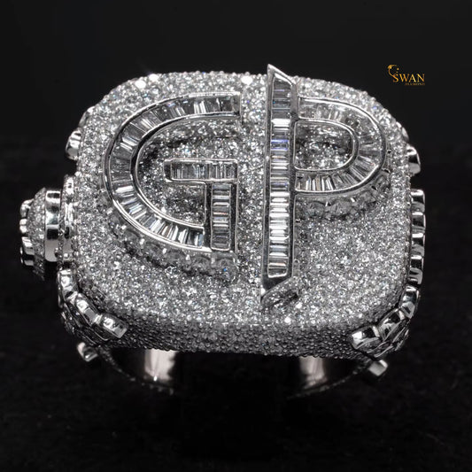 Iced Out GP Initial Hip Hop Ring in White Gold with Full Diamond Pave Sparkle Luxury Custom Letter Bling Statement Jewelry for Men SwanDiamond