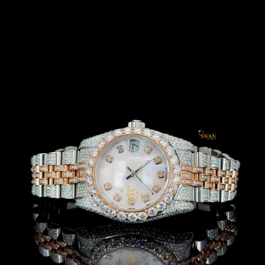 Luxury Two Tone Diamond Watch Fully Iced Out Rose Gold and Silver Jubilee Bracelet with Mother of Pearl Dial SwanDiamond