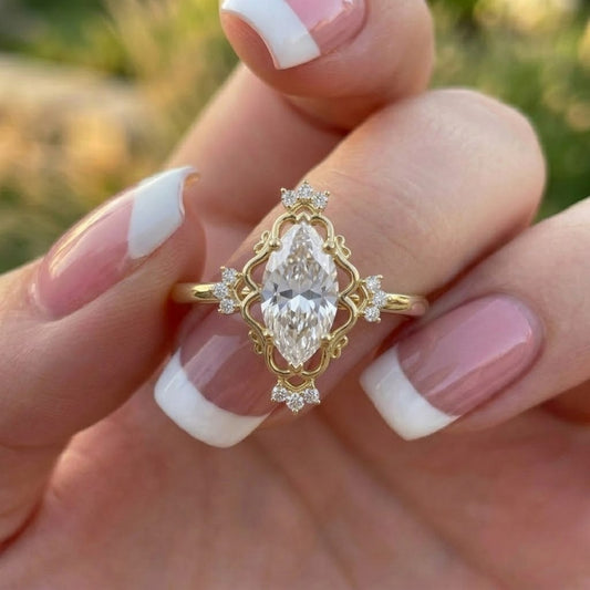 Marquise Cut Lab Grown Diamond Engagement Ring in 18K Yellow Gold Vintage Floral Halo Promise Ring for Her