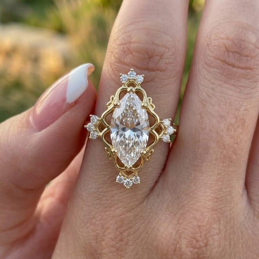 Marquise Cut Lab Grown Diamond Engagement Ring in 18K Yellow Gold Vintage Floral Halo Promise Ring for Her