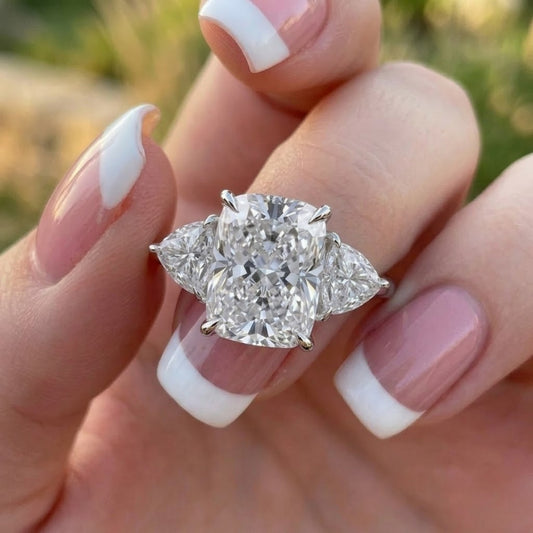 Cushion Cut Lab Grown Diamond Three Stone Ring in 18K White Gold Pear Side Stone Engagement Ring for Women