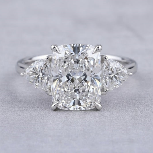 Cushion Cut Lab Grown Diamond Three Stone Ring in 18K White Gold Pear Side Stone Engagement Ring for Women