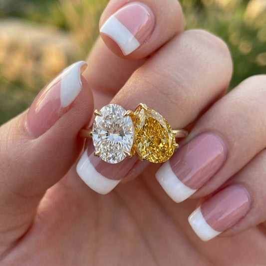Toi et Moi Lab Grown Diamond Ring in 18K Yellow Gold Oval and Yellow Pear Diamond Engagement Ring for Women