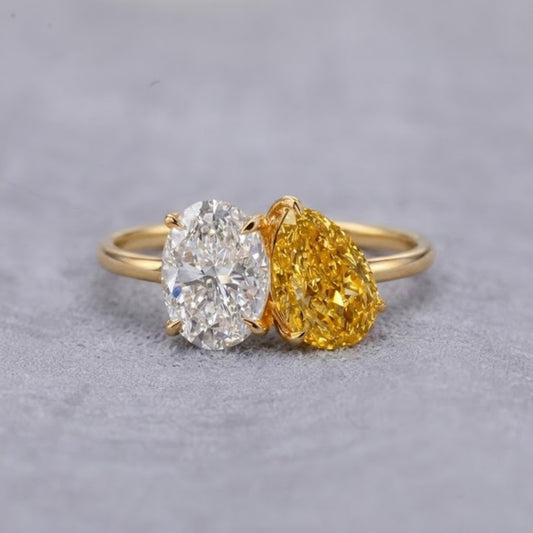 Toi et Moi Lab Grown Diamond Ring in 18K Yellow Gold Oval and Yellow Pear Diamond Engagement Ring for Women
