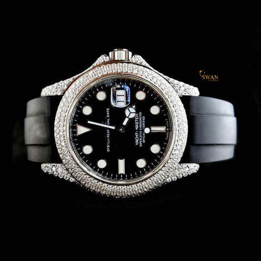 Luxury Custom Diamond Rolex Yacht Master with Black Dial and Rubber Strap Fully Iced Out Bezel SwanDiamond
