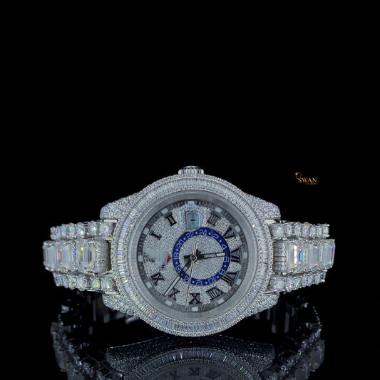 Luxury Diamond Rolex Style Watch Fully Iced Out with Baguette and Round Moissanite Bracelet SwanDiamond Exclusive Timepiece