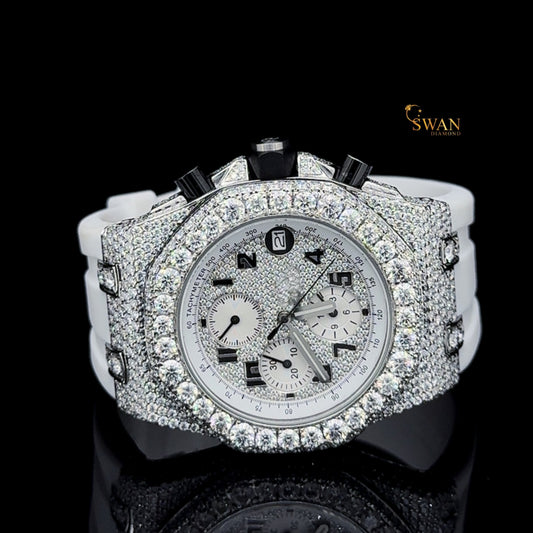 Designer Iced Out Diamond Chronograph Watch with White Strap Silver Dial Luxury Full Pave Bezel Unisex SwanDiamond