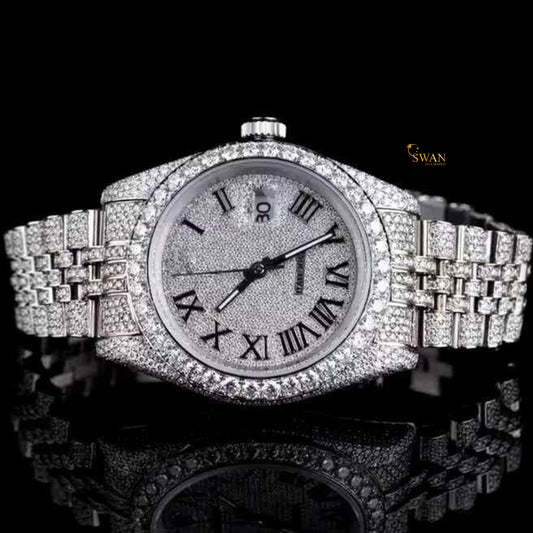 Luxury Fully Iced Out Diamond Watch with Roman Numeral Dial and Pave Bracelet High End Men’s Timepiece SwanDiamond
