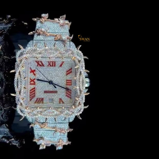 Luxury Iced Out Square Roman Numeral Diamond Watch with Unique Rose Gold Thorn Detailing and Full Pavé Bracelet SwanDiamond