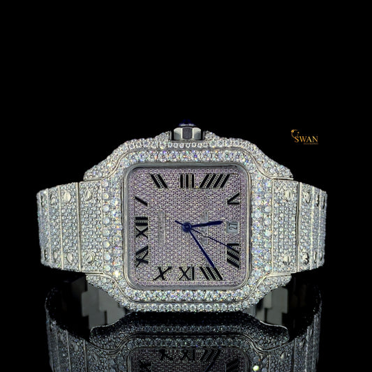 Luxury Iced Out Diamond Watch Silver Square Roman Numeral Dial Automatic Custom Hip Hop Jewelry Full Pave Design Statement swan diamond
