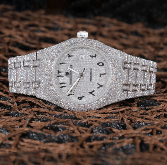 Fully Iced Out Arabic Dial Moissanite Watch in Silver Tone – Luxury Men's Custom TimepieceSwanDiamond