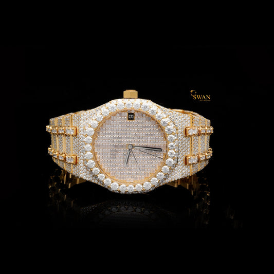 Luxury Iced Out Diamond Watch Full Gold Pave Design Round Dial Automatic Custom Hip Hop Jewelry Statement Timepiece swan diamond