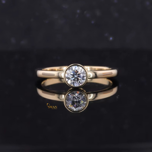 Round Cut Solitaire Diamond Ring Bezel Set in Solid Gold Classic Main Line Engagement Ring Timeless Minimalist Bridal Jewelry swandiamond