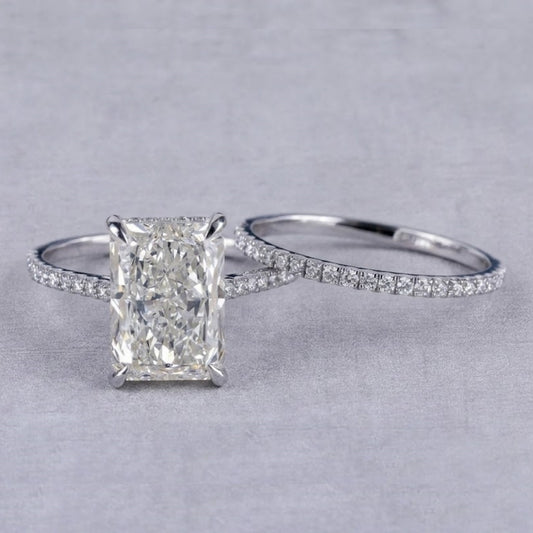 Radiant Cut Lab Grown Diamond Engagement Ring Set in 18K White Gold Double Pave Bridal Ring Wedding Set for Women