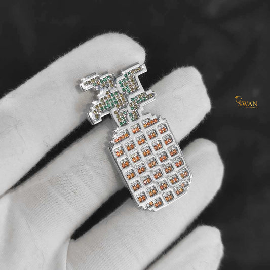 Custom Hip Hop Pineapple Pendant Iced Out Jewelry with Green and Orange Stones Silver Bling Statement Necklace for Men