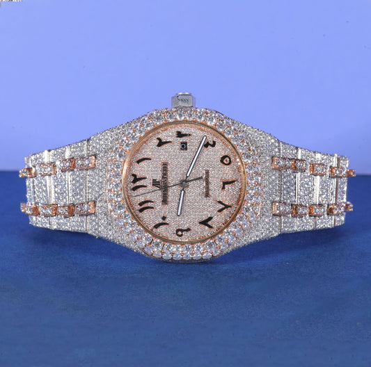 Rose Gold Arabic Dial Iced Out Watch Custom Moissanite Diamond Men’s Luxury Timepiece with Full Pavé Setting SwanDiamond